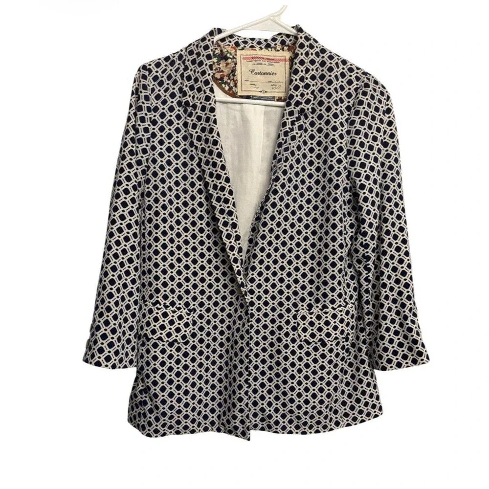 Anthropologie Cartonnier Blazer Jacket Womens Small White Blue Geometric Print
